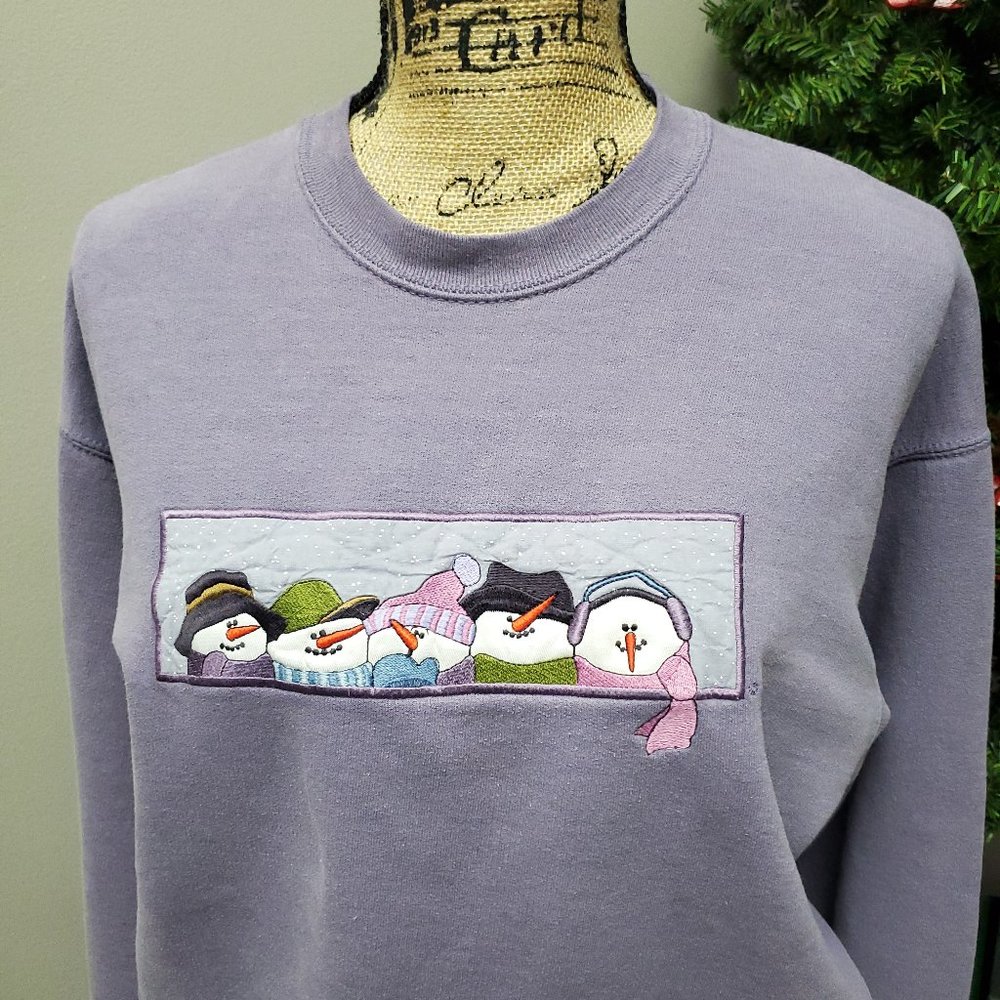 Vintage LEE Purple Christmas Applique Snowmen Winter Ugly Crewneck Sweatshirt
